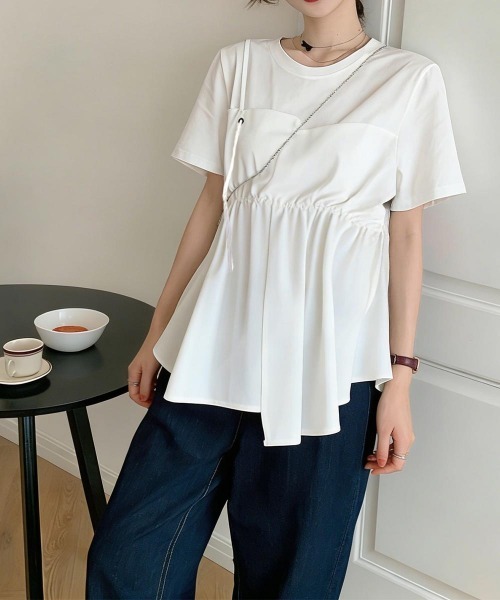 Miniministore(ミニミニストア)の「ドッキングペプラムブラウス 半袖トップス(シャツ/ブラウス・レディース・ブラック系1/ホワイト/ブラック/ホワイト系1/ホワイト×ブラック・M/L)」の7枚目の写真
