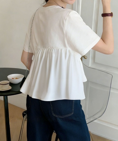 Miniministore(ミニミニストア)の「ドッキングペプラムブラウス 半袖トップス(シャツ/ブラウス・レディース・ブラック系1/ホワイト/ブラック/ホワイト系1/ホワイト×ブラック・M/L)」の11枚目の写真