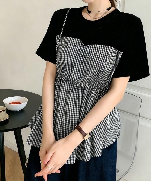 Miniministore(ミニミニストア)の「ドッキングペプラムブラウス 半袖トップス(シャツ/ブラウス・レディース・ブラック系1/ホワイト/ブラック/ホワイト系1/ホワイト×ブラック・M/L)」の12枚目の写真