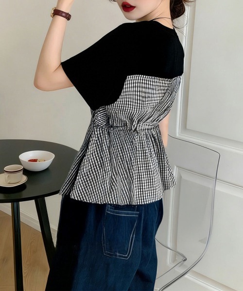 Miniministore(ミニミニストア)の「ドッキングペプラムブラウス 半袖トップス(シャツ/ブラウス・レディース・ブラック系1/ホワイト/ブラック/ホワイト系1/ホワイト×ブラック・M/L)」の13枚目の写真