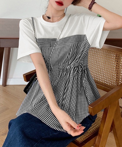 Miniministore(ミニミニストア)の「ドッキングペプラムブラウス 半袖トップス(シャツ/ブラウス・レディース・ブラック系1/ホワイト/ブラック/ホワイト系1/ホワイト×ブラック・M/L)」の14枚目の写真