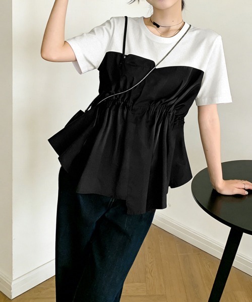 Miniministore(ミニミニストア)の「ドッキングペプラムブラウス 半袖トップス(シャツ/ブラウス・レディース・ブラック系1/ホワイト/ブラック/ホワイト系1/ホワイト×ブラック・M/L)」の17枚目の写真