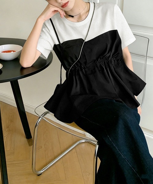 Miniministore(ミニミニストア)の「ドッキングペプラムブラウス 半袖トップス(シャツ/ブラウス・レディース・ブラック系1/ホワイト/ブラック/ホワイト系1/ホワイト×ブラック・M/L)」の18枚目の写真