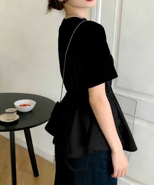 Miniministore(ミニミニストア)の「ドッキングペプラムブラウス 半袖トップス(シャツ/ブラウス・レディース・ブラック系1/ホワイト/ブラック/ホワイト系1/ホワイト×ブラック・M/L)」の20枚目の写真