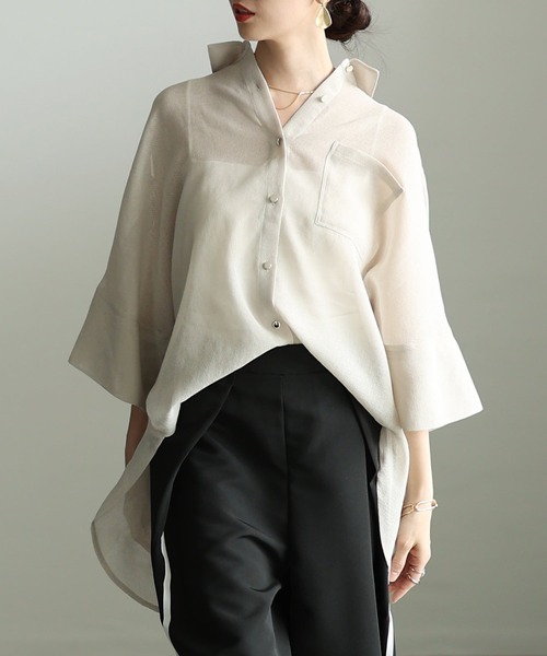 Sawa a la mode（サワアラモード）の「バックスリットシアービッグシャツ（シャツ/ブラウス・レディース・ライトベージュ/ブラック・FREE）」の2枚目の写真