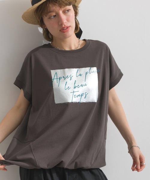 le colis(ルコリ)の「裾ドロスト半袖チュニック(Tシャツ/カットソー・レディース・チャコールグレー/オレンジ/オフホワイト/ブルー・FREE)」の2枚目の写真