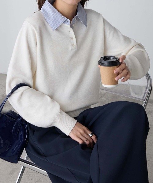 BONLECILL(ボンルシール)の「【至福のカヌレニット】シャツ襟ドッキングボリュームスリーブポロニット(ニット/セーター・レディース・ブラウン/ブラック/ネイビー/グレー/アイボリー/チャコールグレー・FREE)」の2枚目の写真