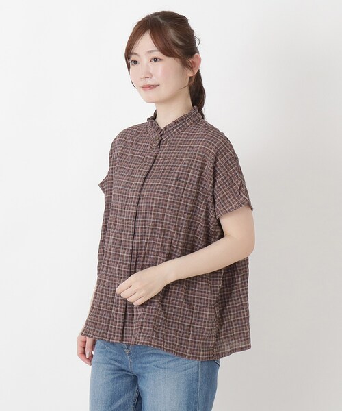 one'sterrace（ワンズテラス）の「衿フリル フレンチスリーブチェックシャツ（シャツ/ブラウス・レディース・ネイビー系5/グレー系その他7/アイボリー系8/ダークブラウン系8・02）」の2枚目の写真