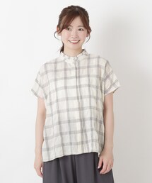 衿フリル フレンチスリーブチェックシャツ