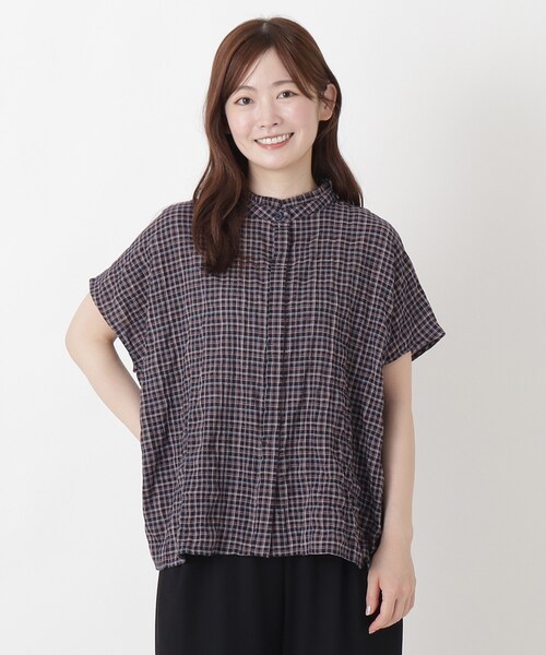 one'sterrace（ワンズテラス）の「衿フリル フレンチスリーブチェックシャツ（シャツ/ブラウス・レディース・ネイビー系5/グレー系その他7/アイボリー系8/ダークブラウン系8・02）」の4枚目の写真