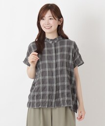 衿フリル フレンチスリーブチェックシャツ