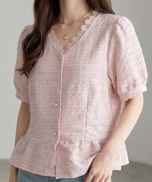 ペプラムブラウス スカラップ レース Vネック 半袖 パフスリーブ トップス フェミニン 大人可愛い きれいめ 涼しい 春夏