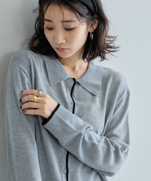 &. NOSTALGIA(アンドドットノスタルジア)の「リネンライク配色ポロカーディガン(カーディガン/ボレロ・レディース・グレー/ブラック・FREE)」の12枚目の写真