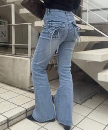 【SM展開あり】レースアップリボンポケット付きセミフレアデニム