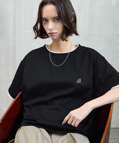 ROCHEM(ローシェン)の「ワンポイントロゴ刺繍フェイクレイヤードTシャツ(Tシャツ/カットソー・メンズ・カーキ/ネイビー/ブラック/ホワイト・L/S/XS/M)」の1枚目の写真