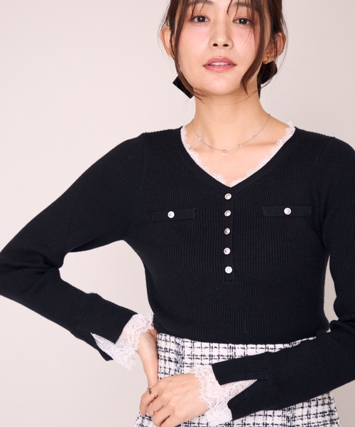 MISCH MASCH（ミッシュマッシュ）の「2026秋冬新作 レースレイヤードVネックリブニット（ニット/セーター・レディース・パープル/ホワイト/ブラック・ﾌﾘ-）」の20枚目の写真