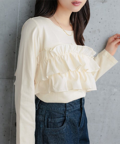 Petitle（プチレ）の「[ 低身長向けサイズ] ティアードフリルロングTシャツ（Tシャツ/カットソー・レディース・ブラック/ブラウン/グレー系/アイボリー系・PM）」の4枚目の写真