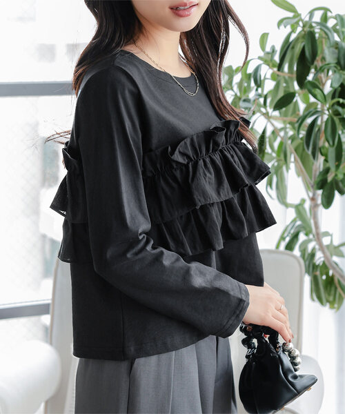 Petitle（プチレ）の「[ 低身長向けサイズ] ティアードフリルロングTシャツ（Tシャツ/カットソー・レディース・ブラック/ブラウン/グレー系/アイボリー系・PM）」の2枚目の写真