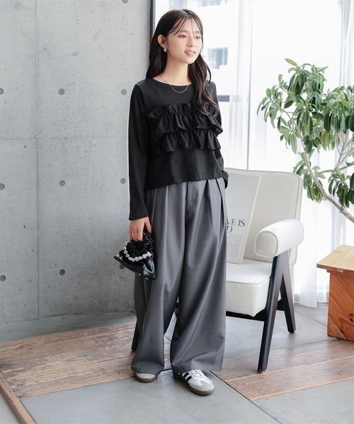 Petitle（プチレ）の「[ 低身長向けサイズ] ティアードフリルロングTシャツ（Tシャツ/カットソー・レディース・ブラック/ブラウン/グレー系/アイボリー系・PM）」の5枚目の写真