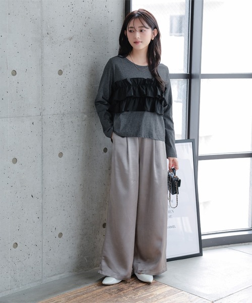 Petitle（プチレ）の「[ 低身長向けサイズ] ティアードフリルロングTシャツ（Tシャツ/カットソー・レディース・ブラック/ブラウン/グレー系/アイボリー系・PM）」の6枚目の写真
