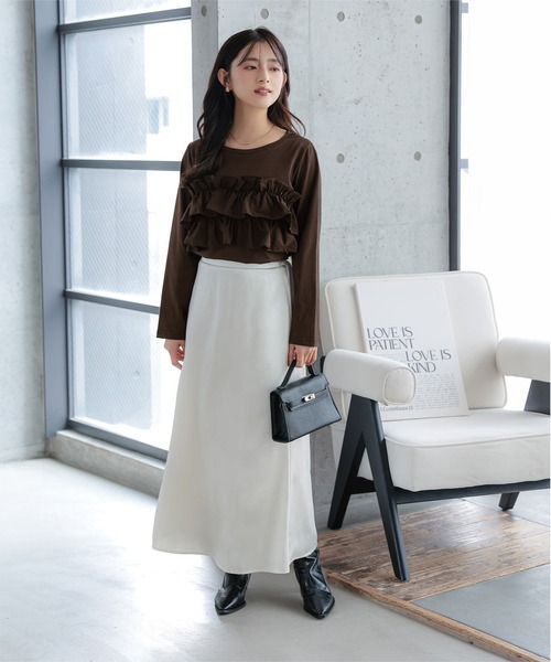 Petitle（プチレ）の「[ 低身長向けサイズ] ティアードフリルロングTシャツ（Tシャツ/カットソー・レディース・ブラック/ブラウン/グレー系/アイボリー系・PM）」の7枚目の写真