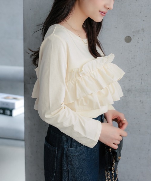 Petitle（プチレ）の「[ 低身長向けサイズ] ティアードフリルロングTシャツ（Tシャツ/カットソー・レディース・ブラック/ブラウン/グレー系/アイボリー系・PM）」の9枚目の写真