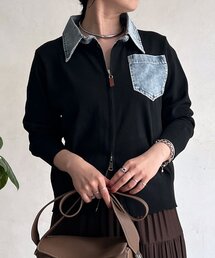 デニム襟ニットジッププルオーバー