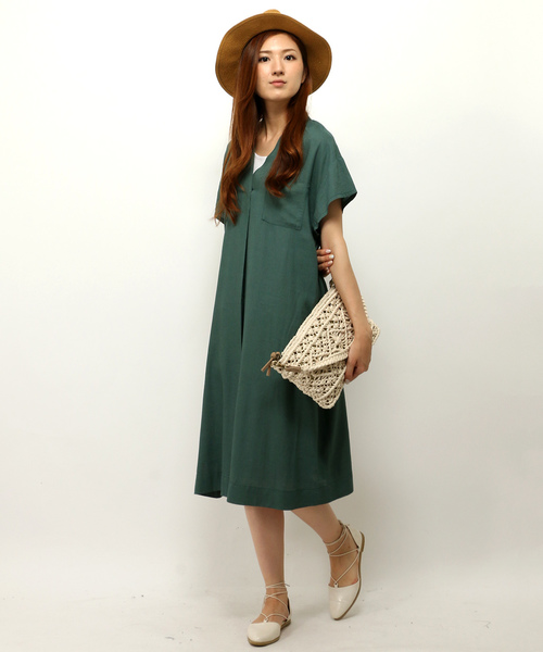 LBC（エルビーシー）の「レーヨンリネンVネックワンピース（ワンピース・レディース・グリーン/ネイビー/ライトブラウン・MEDIUM/LARGE）」の5枚目の写真