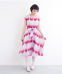 merlot plus | ストライプフラワー柄ウエストマークワンピース5925(ワンピース)