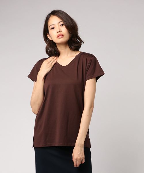 AMERICAN HOLIC(アメリカンホリック)の「・60新彊綿天竺フレンチスリーブVネックTEE(Tシャツ/カットソー・レディース・ブラック/オフホワイト/グレー系その他2/ブラウン・M/L)」の5枚目の写真