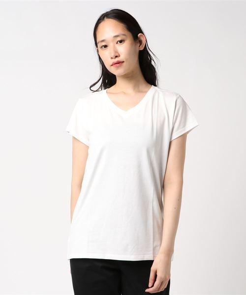 AMERICAN HOLIC(アメリカンホリック)の「・60新彊綿天竺フレンチスリーブVネックTEE(Tシャツ/カットソー・レディース・ブラック/オフホワイト/グレー系その他2/ブラウン・M/L)」の1枚目の写真