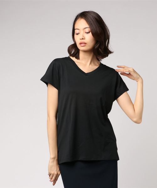AMERICAN HOLIC(アメリカンホリック)の「・60新彊綿天竺フレンチスリーブVネックTEE(Tシャツ/カットソー・レディース・ブラック/オフホワイト/グレー系その他2/ブラウン・M/L)」の2枚目の写真