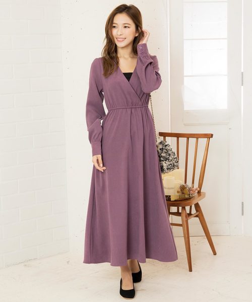 KOBE LETTUCE（コウベレタス）の「カシュクールフレアマキシワンピース＊レディース/ドット柄[E1965]神戸レタス（ワンピース・レディース・ブラック/ベージュ/パープル/ドット・FREE）」の4枚目の写真