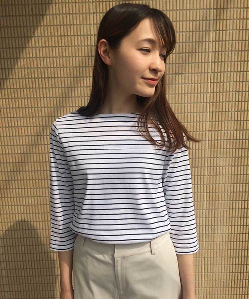 DECOY SINCE 1981（デコイシンスイチキュウハチイチ）の「◇カタログ掲載◇【オーガニックコットンシリーズ】ボーダーTシャツ（Tシャツ/カットソー・レディース・ネイビー/ピンク/イエロー/ラベンダー・LL/M size/L size）」の2枚目の写真