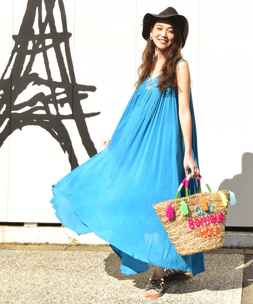 チャイハネ（チャイハネ）の「【チャイハネ】エスニック刺繍キャミワンピース（ワンピース・レディース・ブラック/ライトブルー/オレンジ/ホワイト・FREE）」の3枚目の写真