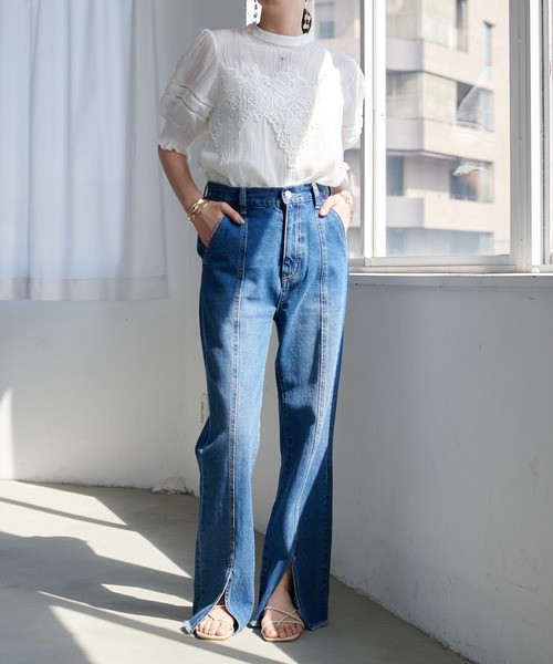 DISCOAT（ディスコート）の「リメイク風デニムセミフレアパンツ（デニムパンツ・レディース・ブラック/ブルー・MEDIUM/LARGE）」の13枚目の写真