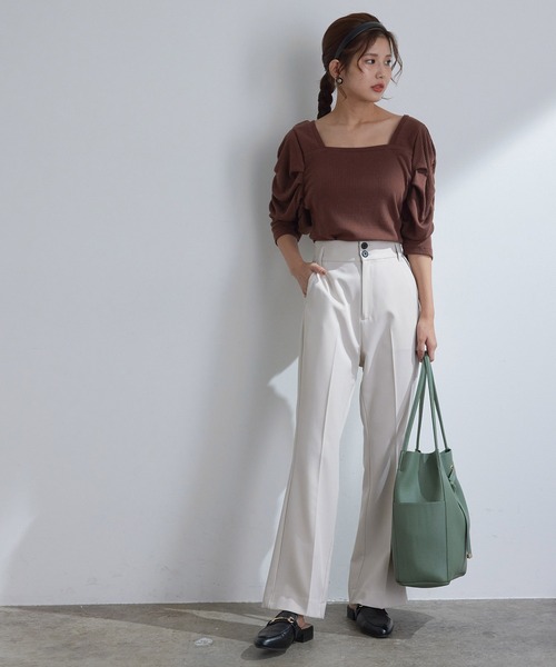 vis-`a-vis（ビサビ）の「【WEB限定】美シルエットハイウエストカラーフレアパンツ【洗濯機可】（スラックス・レディース・ピンク/キナリ/グリーン/レンガ/ブラック/ダークブラウン・S/M/L/SS）」の19枚目の写真