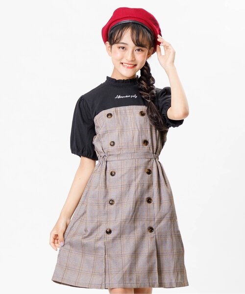 algy（アルジー）の「チェックドッキングワンピ（ワンピース・キッズ・ベージュ/ブラック・XX-SMALL/X-SMALL/MEDIUM/SMALL）」の2枚目の写真