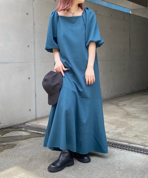 DouDou（ドゥドゥ）の「スクエアネックボリューム袖切替ワンピース（ワンピース・レディース・ブラック/ベージュ/ブルー・FREE）」の14枚目の写真