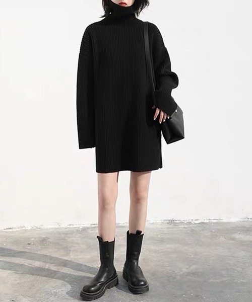 SMILE ORCHID(スマイルオーキッド)の「ハイネックチュニックニット(ニット/セーター・レディース・ブラック/グレー・FREE)」の1枚目の写真