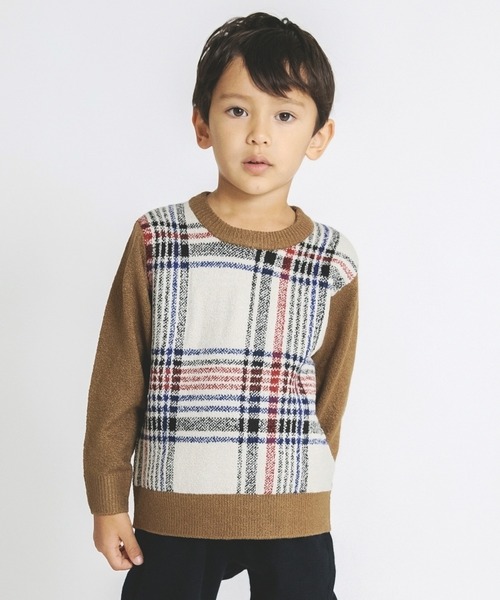 BRANSHES（ブランシェス）の「【洗濯機で洗える】大柄チェックウォッシャブルニット（ニット/セーター・キッズ・キャメル/ブラック・140/120/150/130/90/110/100）」の2枚目の写真