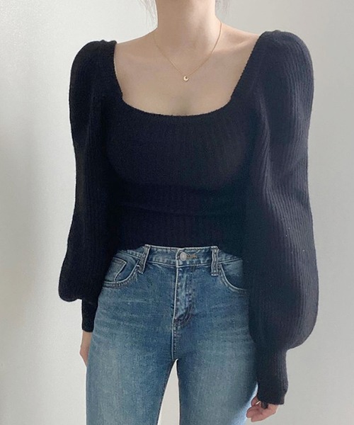 Primazel（プリマゼル）の「スクエアネック ショート丈 ニットプルオーバー（ニット/セーター・レディース・ブラウン/ブラック/ピンク・M）」の2枚目の写真