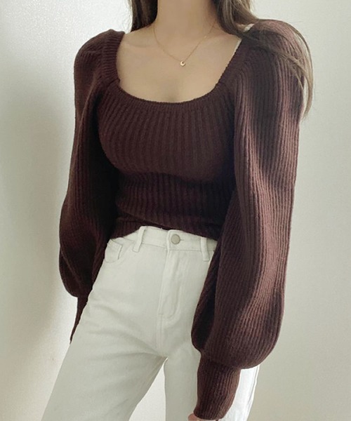 Primazel（プリマゼル）の「スクエアネック ショート丈 ニットプルオーバー（ニット/セーター・レディース・ブラウン/ブラック/ピンク・M）」の4枚目の写真