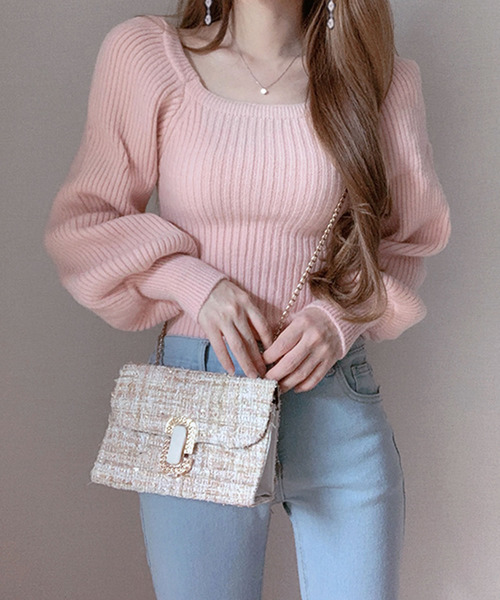 Primazel（プリマゼル）の「スクエアネック ショート丈 ニットプルオーバー（ニット/セーター・レディース・ブラウン/ブラック/ピンク・M）」の8枚目の写真