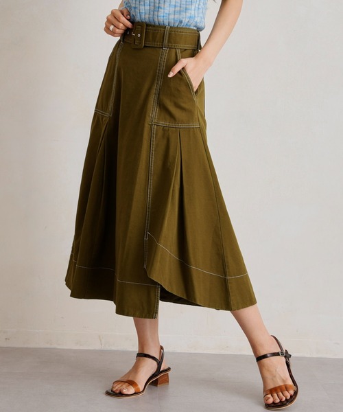 Chez toi（シェトワ）の「ベルト付配色ステッチアシメスカート（スカート・レディース・アイボリー/ブラック/カーキ/ブルー・FREE）」の2枚目の写真