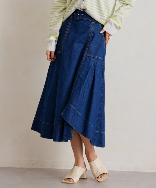 Chez toi（シェトワ）の「ベルト付配色ステッチアシメスカート（スカート・レディース・アイボリー/ブラック/カーキ/ブルー・FREE）」の4枚目の写真