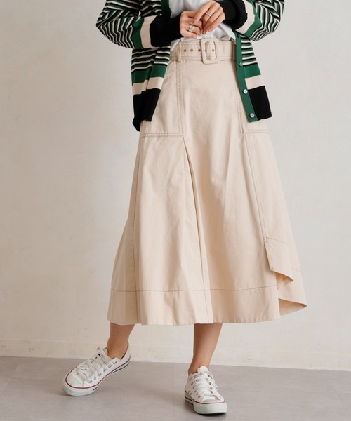 Chez toi（シェトワ）の「ベルト付配色ステッチアシメスカート（スカート・レディース・アイボリー/ブラック/カーキ/ブルー・FREE）」の3枚目の写真