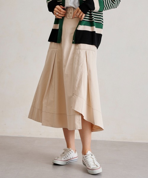 Chez toi（シェトワ）の「ベルト付配色ステッチアシメスカート（スカート・レディース・アイボリー/ブラック/カーキ/ブルー・FREE）」の9枚目の写真