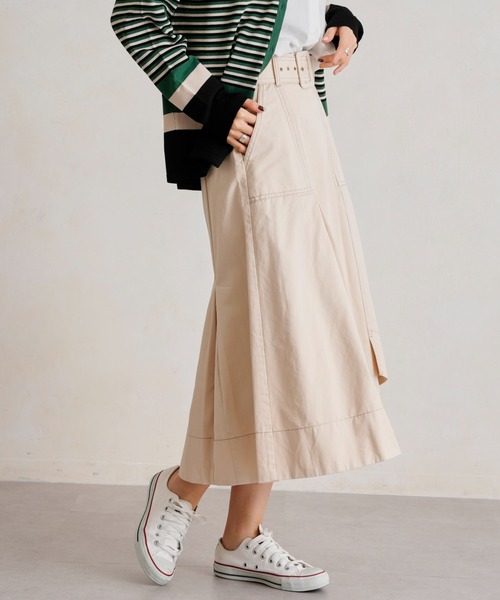 Chez toi（シェトワ）の「ベルト付配色ステッチアシメスカート（スカート・レディース・アイボリー/ブラック/カーキ/ブルー・FREE）」の8枚目の写真