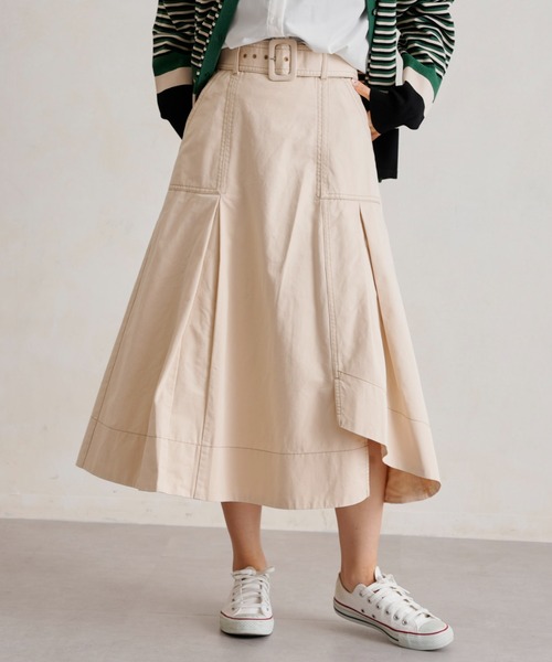 Chez toi（シェトワ）の「ベルト付配色ステッチアシメスカート（スカート・レディース・アイボリー/ブラック/カーキ/ブルー・FREE）」の5枚目の写真